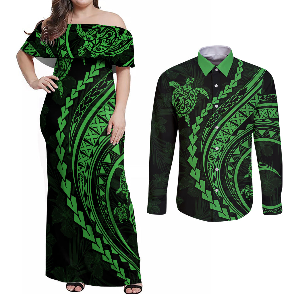 Polynesian Pride Couples Matching Off Shoulder Maxi Dress and Long Sleeve Button Shirts Turtle Hibiscus Luxury Style - Green LT7 - Wonder Print Shop