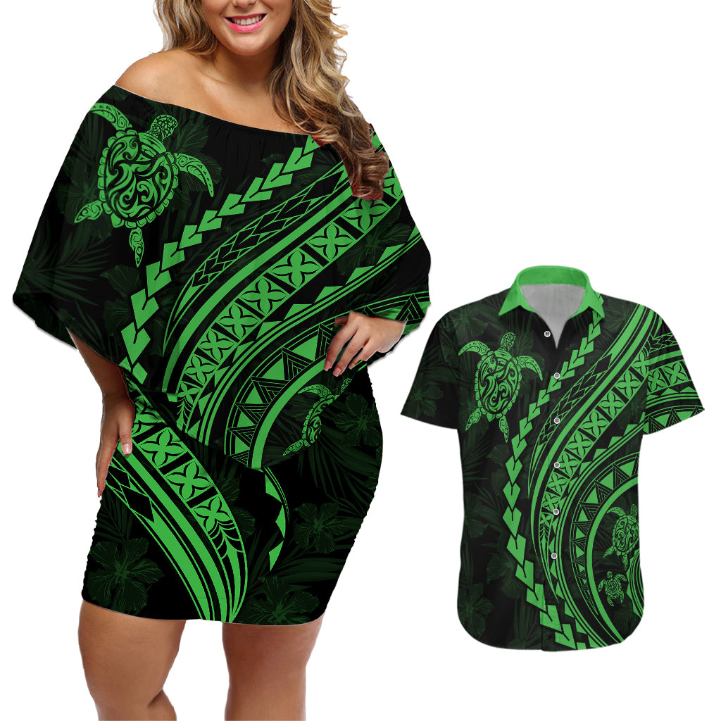 Polynesian Pride Couples Matching Off Shoulder Short Dress and Hawaiian Shirt Turtle Hibiscus Luxury Style - Green LT7 - Wonder Print Shop
