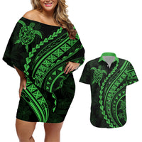 Polynesian Pride Couples Matching Off Shoulder Short Dress and Hawaiian Shirt Turtle Hibiscus Luxury Style - Green LT7 - Wonder Print Shop