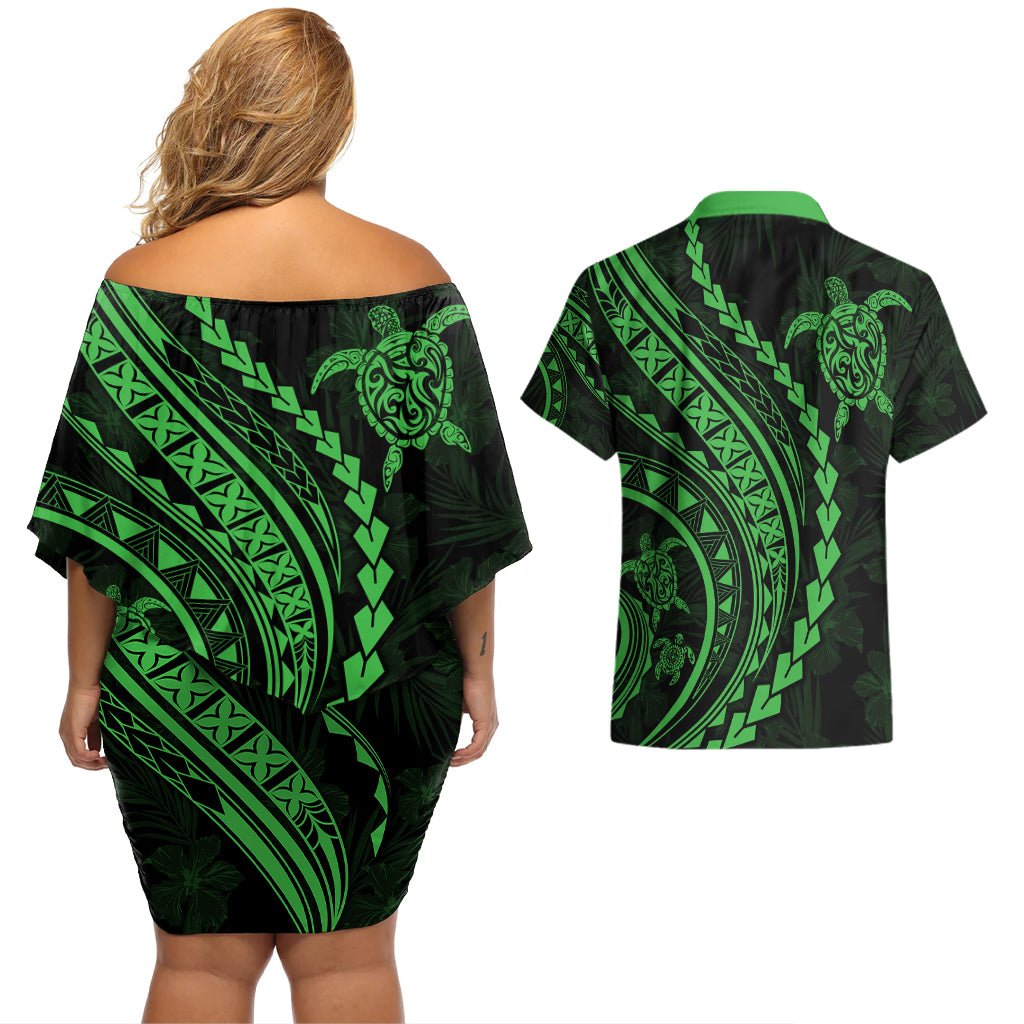 Polynesian Pride Couples Matching Off Shoulder Short Dress and Hawaiian Shirt Turtle Hibiscus Luxury Style - Green LT7 - Wonder Print Shop