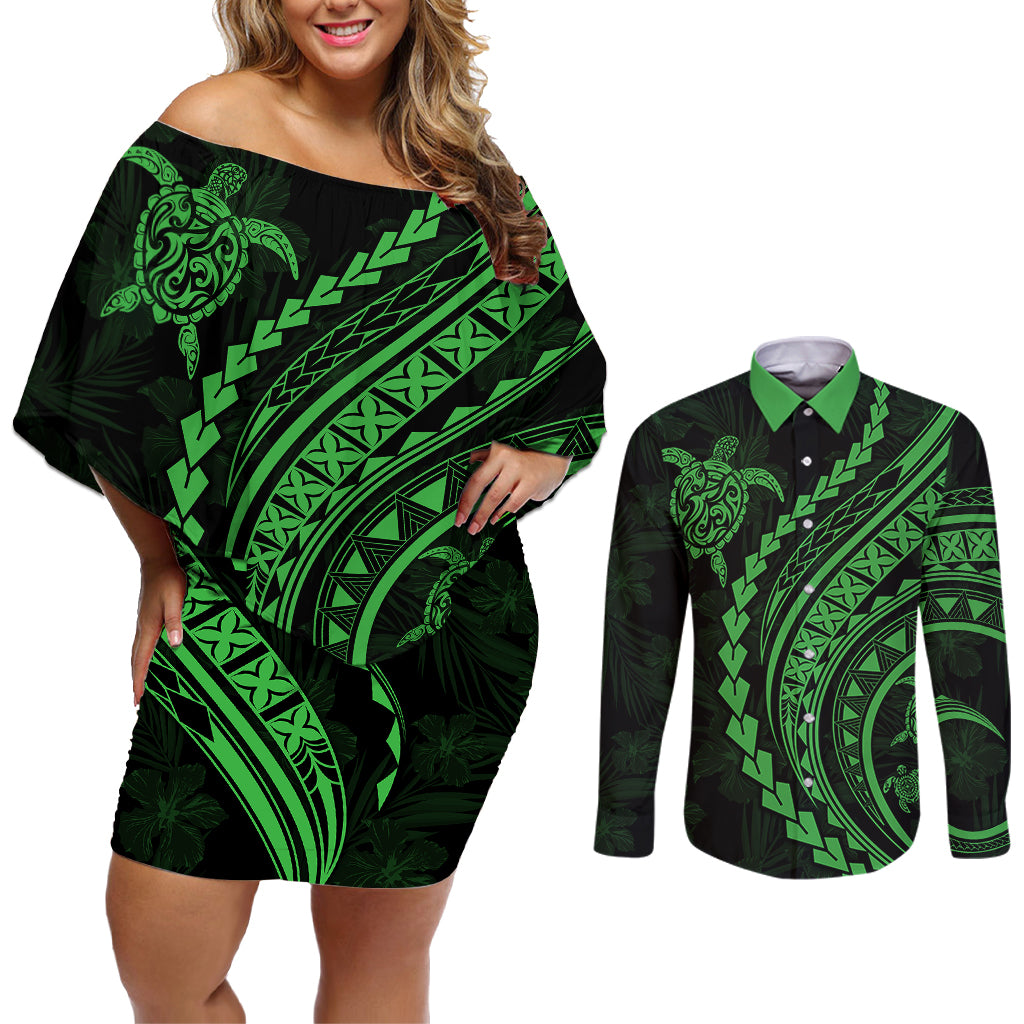 Polynesian Pride Couples Matching Off Shoulder Short Dress and Long Sleeve Button Shirts Turtle Hibiscus Luxury Style - Green LT7 - Wonder Print Shop