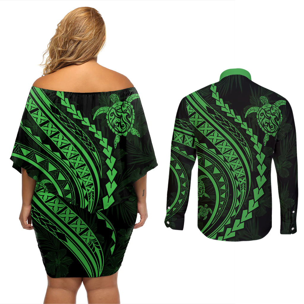 Polynesian Pride Couples Matching Off Shoulder Short Dress and Long Sleeve Button Shirts Turtle Hibiscus Luxury Style - Green LT7 - Wonder Print Shop