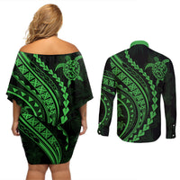Polynesian Pride Couples Matching Off Shoulder Short Dress and Long Sleeve Button Shirts Turtle Hibiscus Luxury Style - Green LT7 - Wonder Print Shop