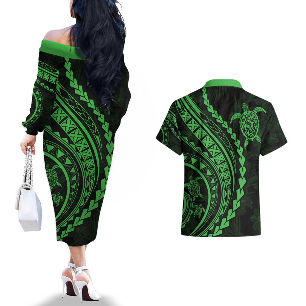 Polynesian Pride Couples Matching Off The Shoulder Long Sleeve Dress and Hawaiian Shirt Turtle Hibiscus Luxury Style - Green LT7 - Wonder Print Shop