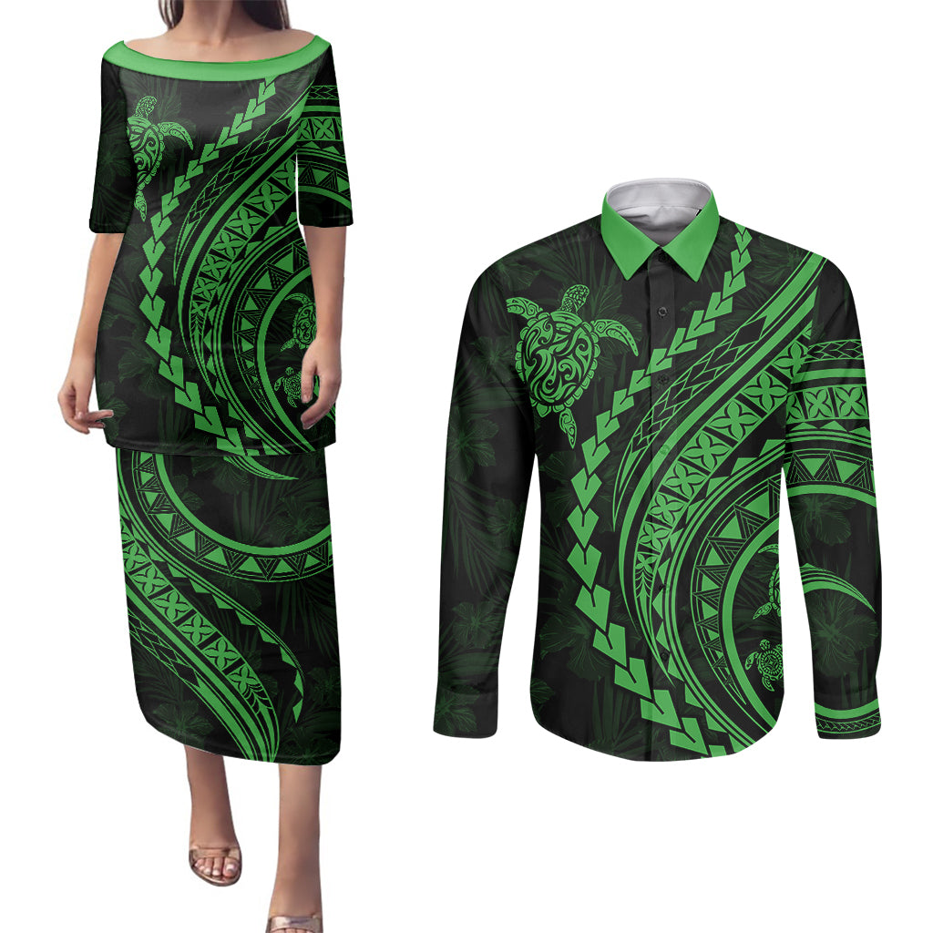 Polynesian Pride Couples Matching Puletasi Dress and Long Sleeve Button Shirts Turtle Hibiscus Luxury Style - Green LT7 - Wonder Print Shop