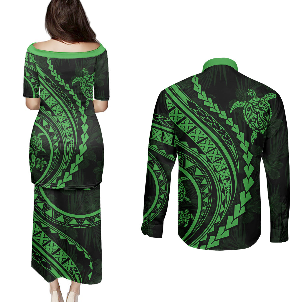 Polynesian Pride Couples Matching Puletasi Dress and Long Sleeve Button Shirts Turtle Hibiscus Luxury Style - Green LT7 - Wonder Print Shop