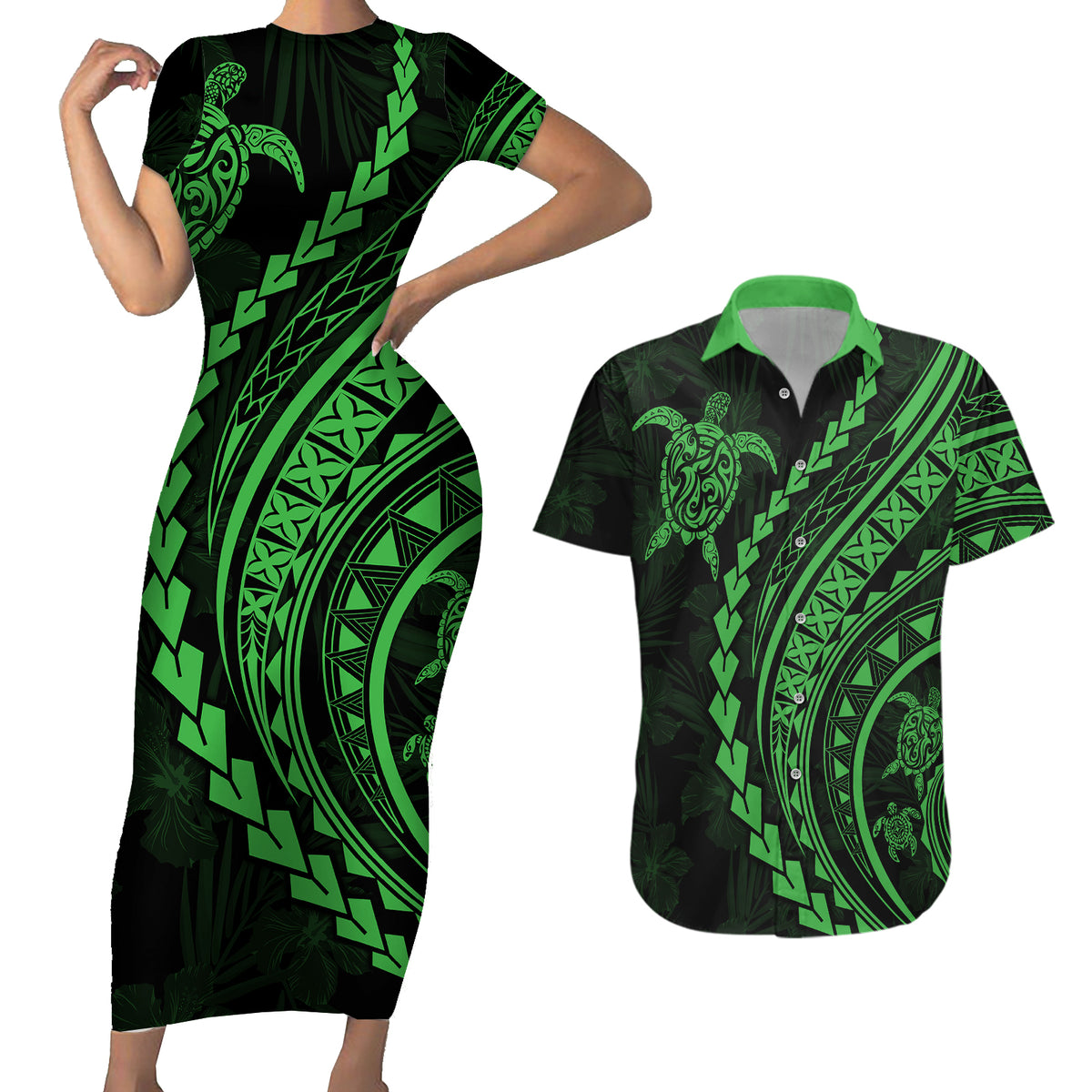 Polynesian Pride Couples Matching Short Sleeve Bodycon Dress and Hawaiian Shirt Turtle Hibiscus Luxury Style - Green LT7 - Wonder Print Shop