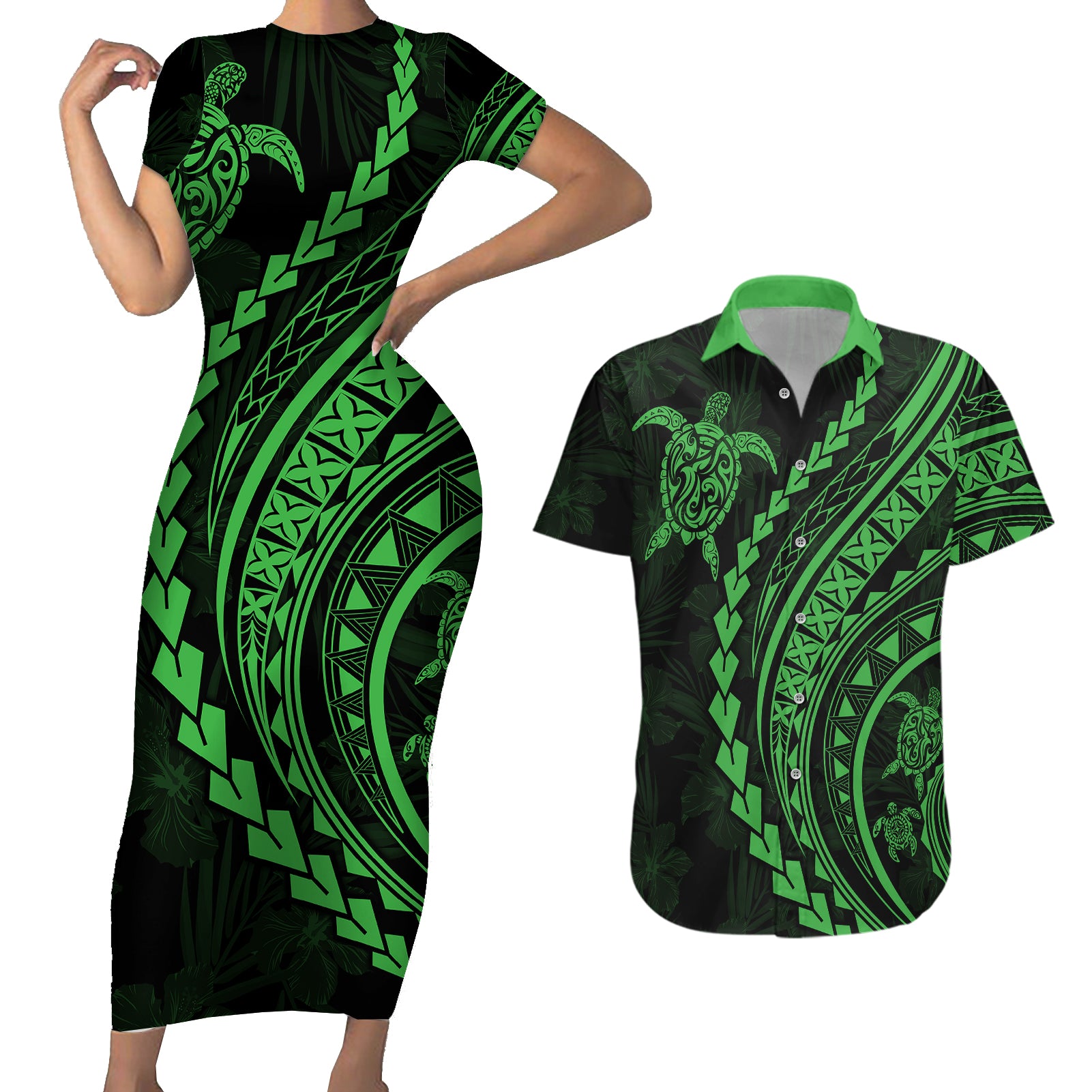 Polynesian Pride Couples Matching Short Sleeve Bodycon Dress and Hawaiian Shirt Turtle Hibiscus Luxury Style - Green LT7 - Wonder Print Shop