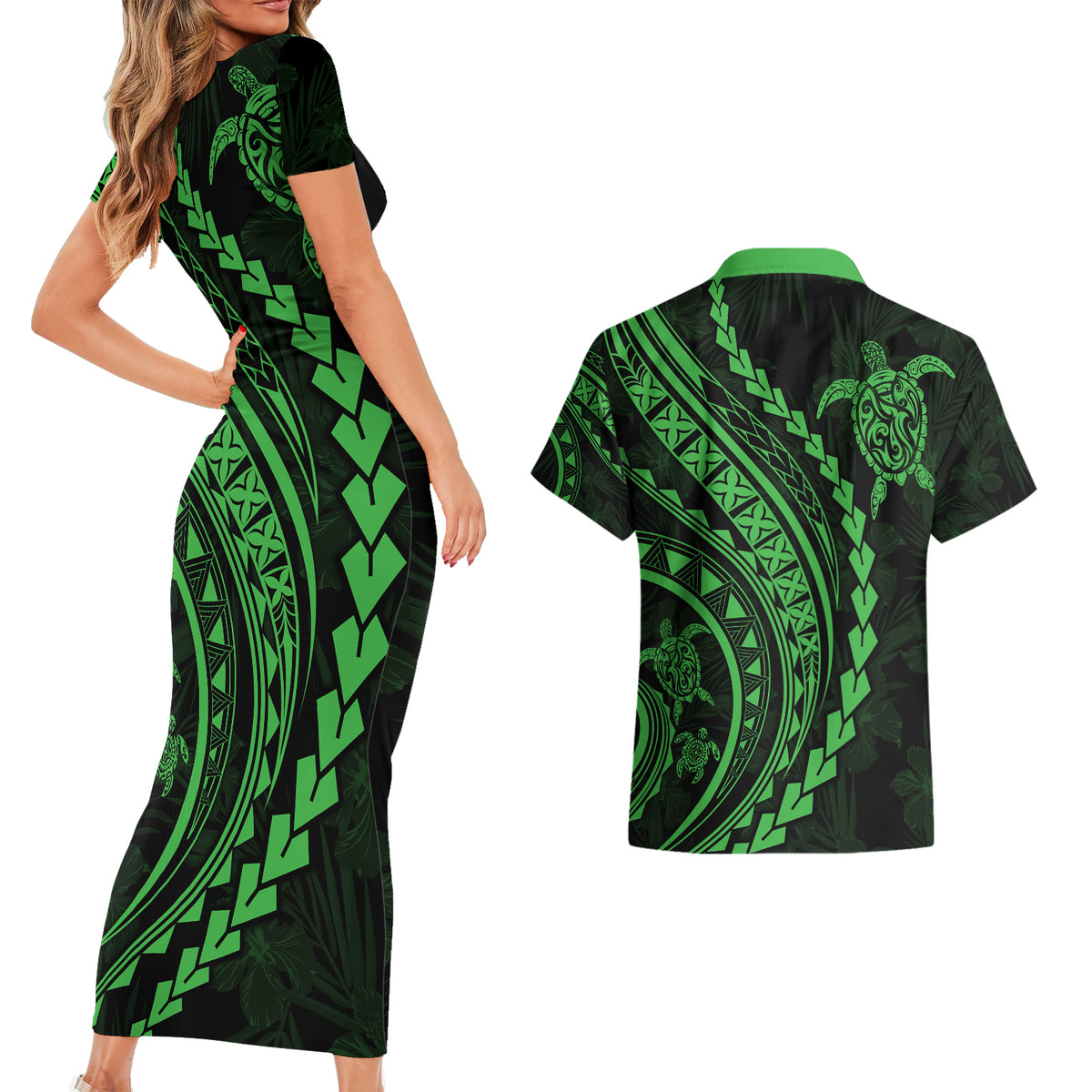 Polynesian Pride Couples Matching Short Sleeve Bodycon Dress and Hawaiian Shirt Turtle Hibiscus Luxury Style - Green LT7 - Wonder Print Shop