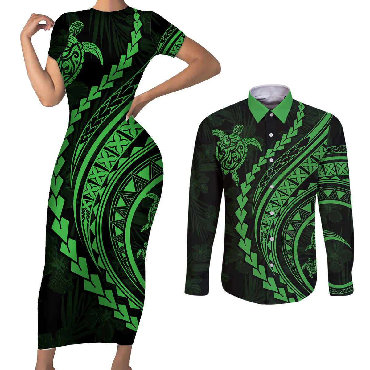 Polynesian Pride Couples Matching Short Sleeve Bodycon Dress and Long Sleeve Button Shirts Turtle Hibiscus Luxury Style - Green LT7 - Wonder Print Shop
