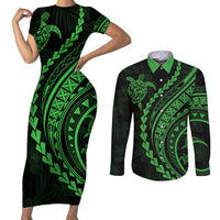Polynesian Pride Couples Matching Short Sleeve Bodycon Dress and Long Sleeve Button Shirts Turtle Hibiscus Luxury Style - Green LT7 - Wonder Print Shop