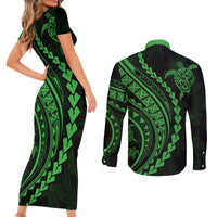 Polynesian Pride Couples Matching Short Sleeve Bodycon Dress and Long Sleeve Button Shirts Turtle Hibiscus Luxury Style - Green LT7 - Wonder Print Shop