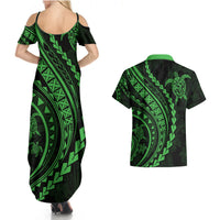Polynesian Pride Couples Matching Summer Maxi Dress and Hawaiian Shirt Turtle Hibiscus Luxury Style - Green LT7 - Wonder Print Shop