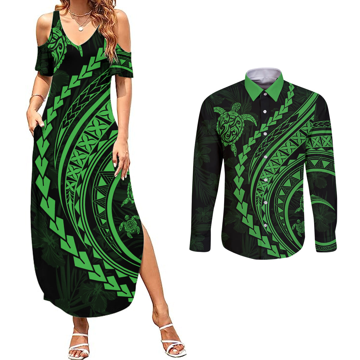 Polynesian Pride Couples Matching Summer Maxi Dress and Long Sleeve Button Shirts Turtle Hibiscus Luxury Style - Green LT7 - Wonder Print Shop