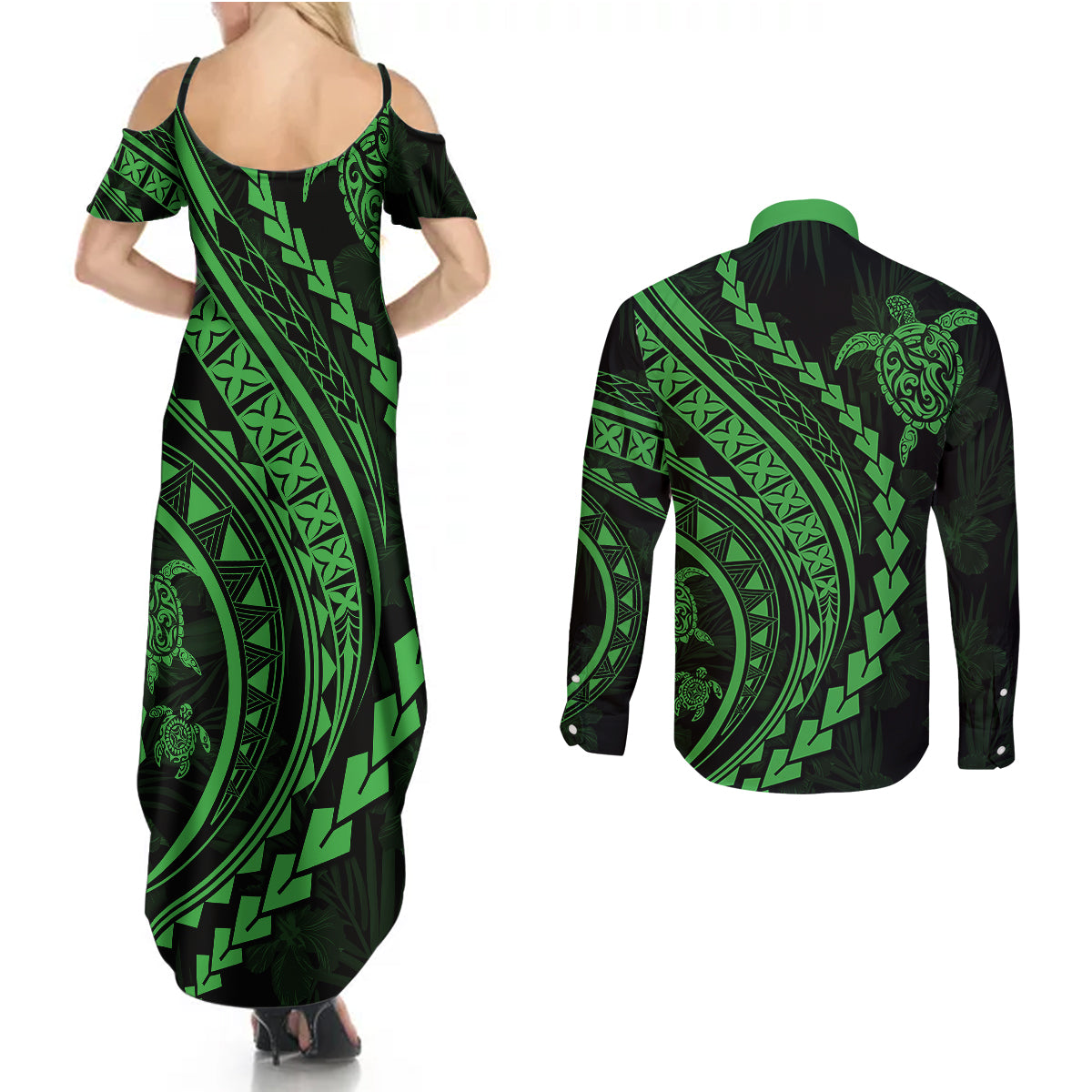 Polynesian Pride Couples Matching Summer Maxi Dress and Long Sleeve Button Shirts Turtle Hibiscus Luxury Style - Green LT7 - Wonder Print Shop