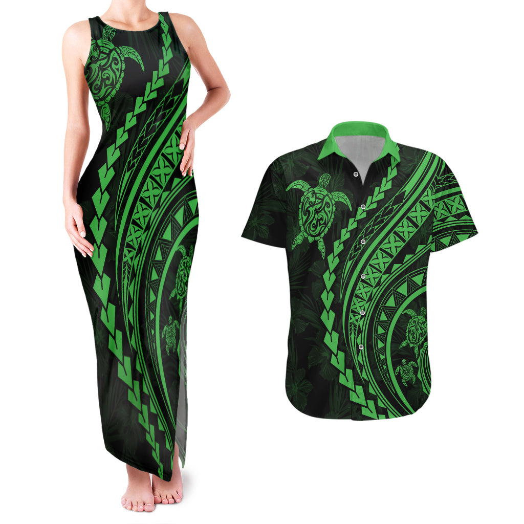 Polynesian Pride Couples Matching Tank Maxi Dress and Hawaiian Shirt Turtle Hibiscus Luxury Style - Green LT7 - Wonder Print Shop