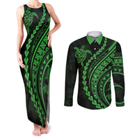 Polynesian Pride Couples Matching Tank Maxi Dress and Long Sleeve Button Shirts Turtle Hibiscus Luxury Style - Green LT7 - Wonder Print Shop