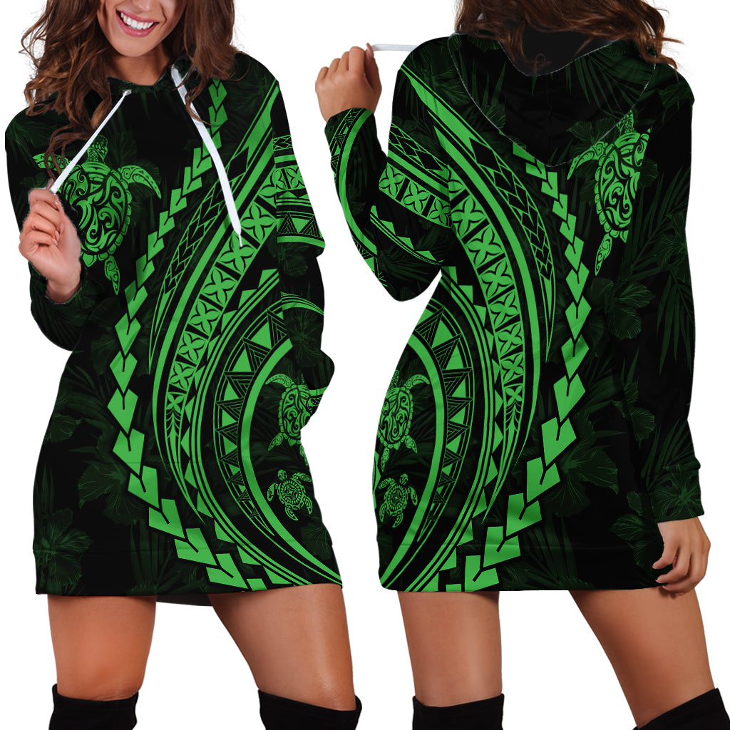 Polynesian Pride Hoodie Dress Turtle Hibiscus Luxury Style - Green - Wonder Print Shop