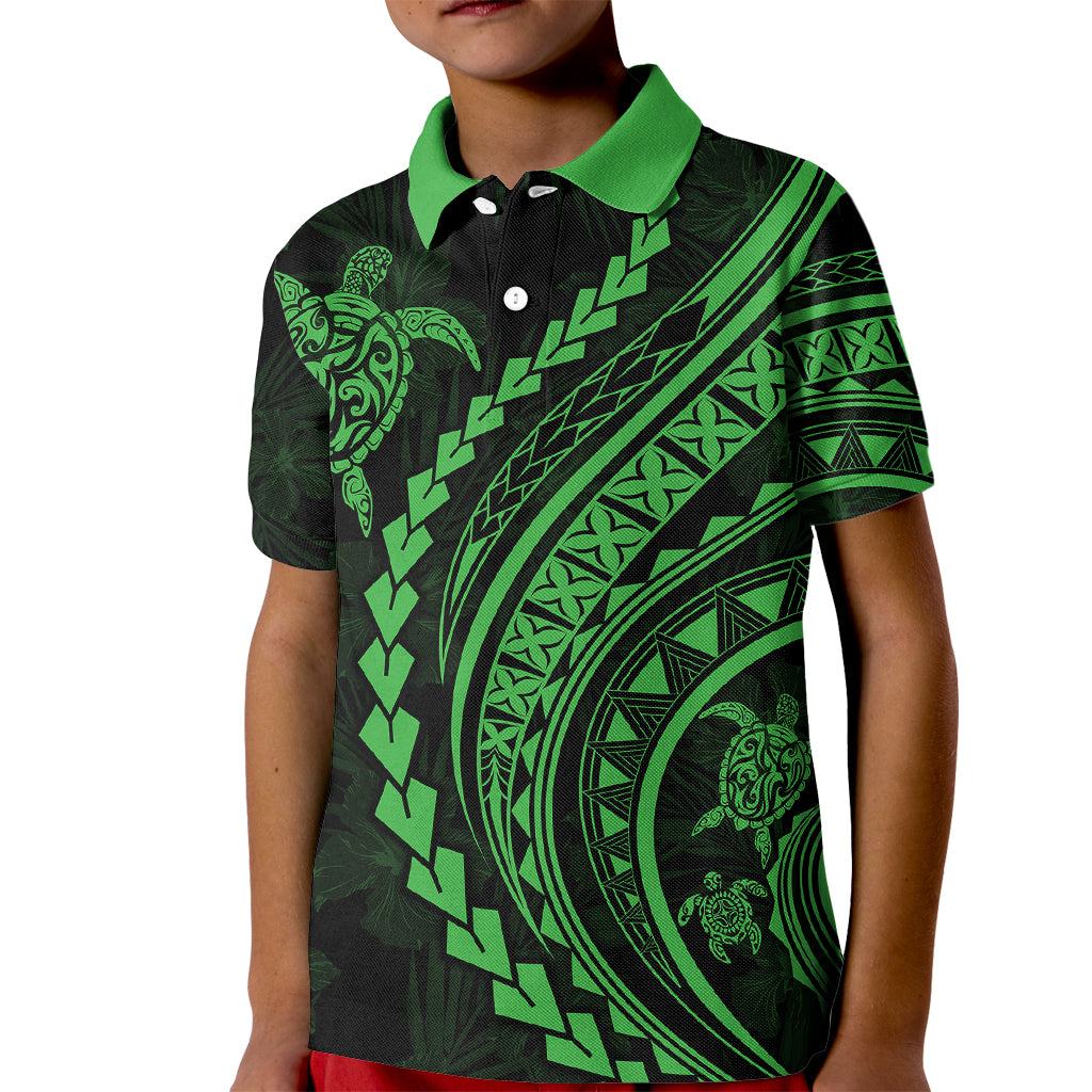 Polynesian Pride Kid Polo Shirt Turtle Hibiscus Luxury Style - Green - Wonder Print Shop