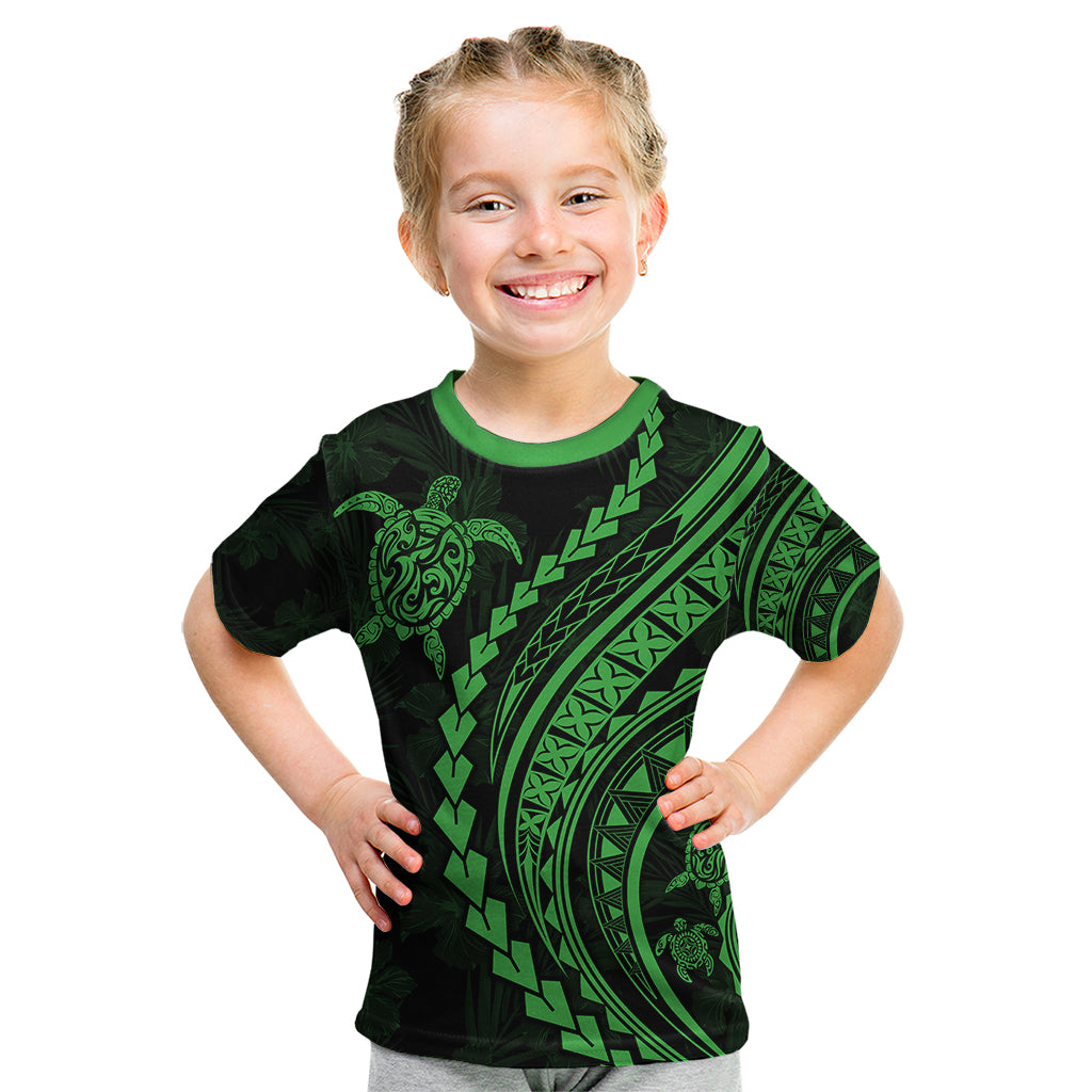 Polynesian Pride Kid T Shirt Turtle Hibiscus Luxury Style - Green - Wonder Print Shop