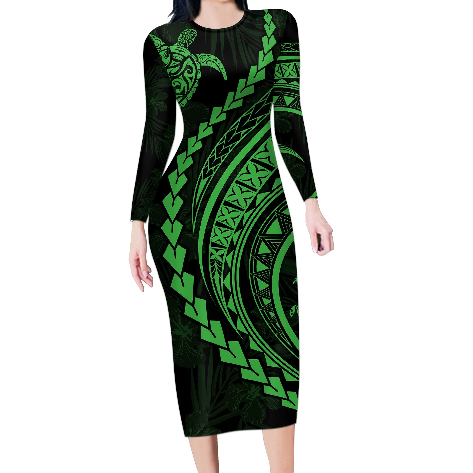 Polynesian Pride Long Sleeve Bodycon Dress Turtle Hibiscus Luxury Style - Green - Wonder Print Shop