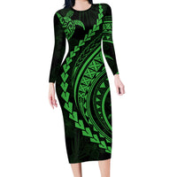 Polynesian Pride Long Sleeve Bodycon Dress Turtle Hibiscus Luxury Style - Green - Wonder Print Shop