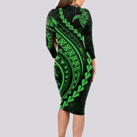 Polynesian Pride Long Sleeve Bodycon Dress Turtle Hibiscus Luxury Style - Green - Wonder Print Shop