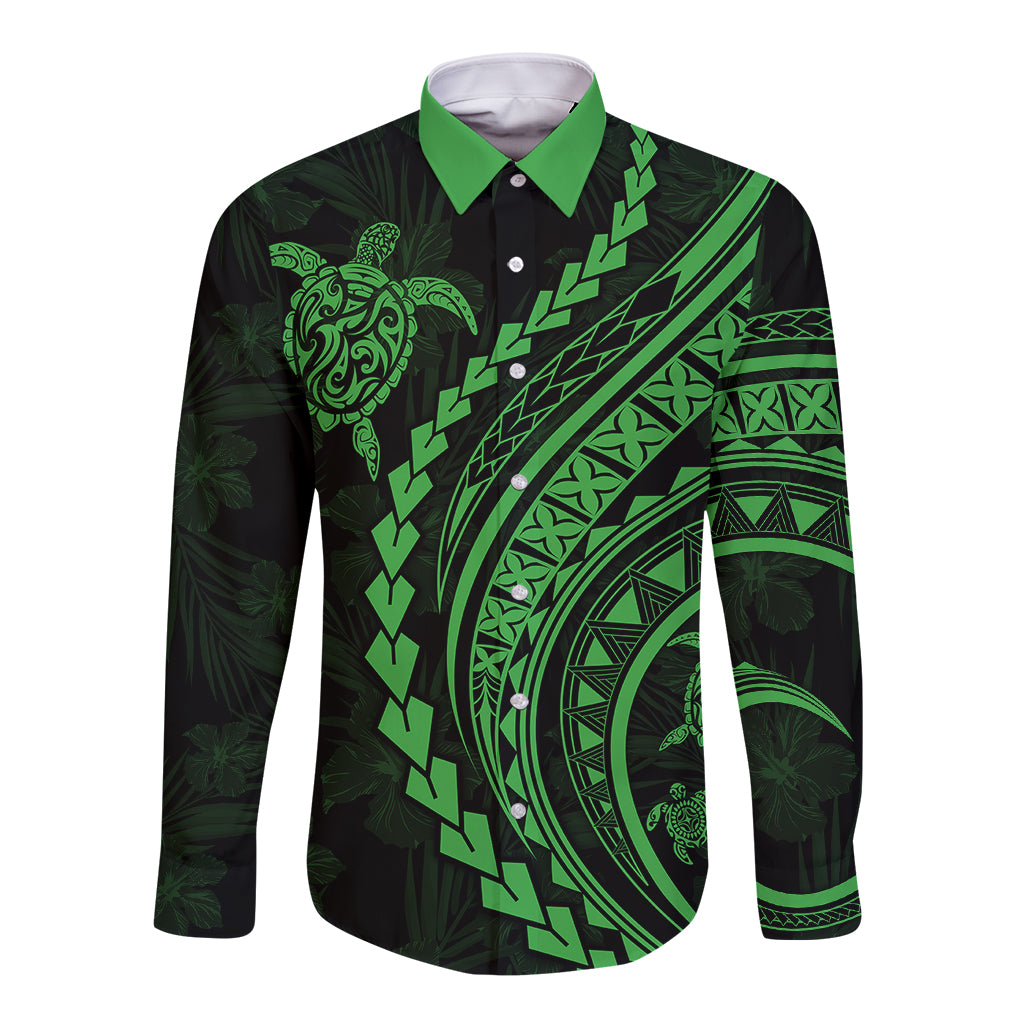 Polynesian Pride Long Sleeve Button Shirt Turtle Hibiscus Luxury Style - Green - Wonder Print Shop