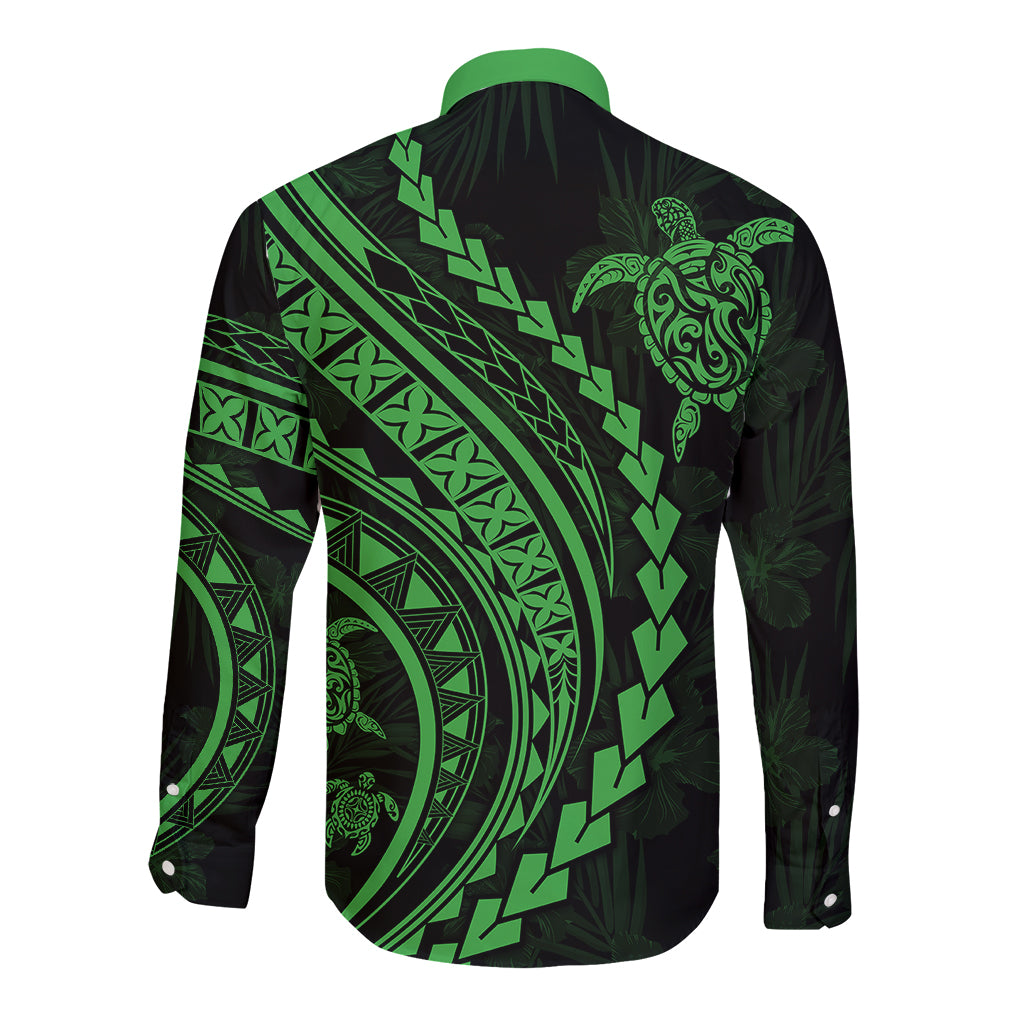 Polynesian Pride Long Sleeve Button Shirt Turtle Hibiscus Luxury Style - Green - Wonder Print Shop