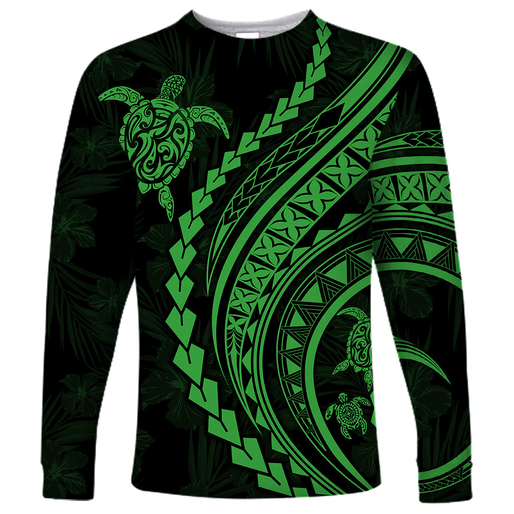 Polynesian Pride Long Sleeve Shirt Turtle Hibiscus Luxury Style - Green - Wonder Print Shop