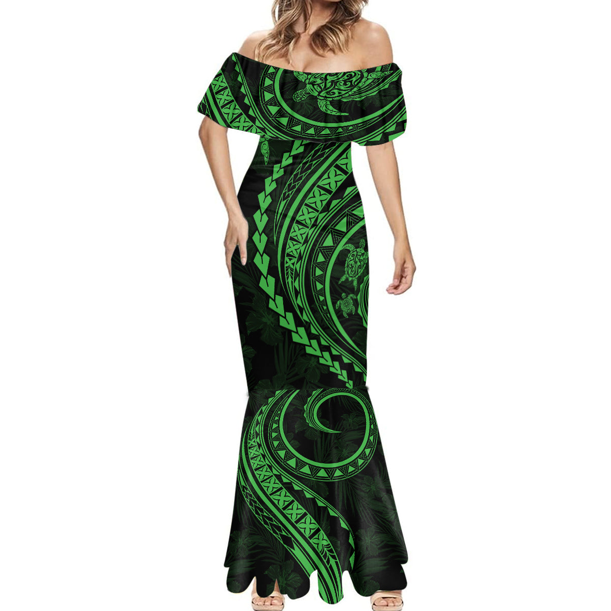 Polynesian Pride Mermaid Dress Turtle Hibiscus Luxury Style - Green - Wonder Print Shop