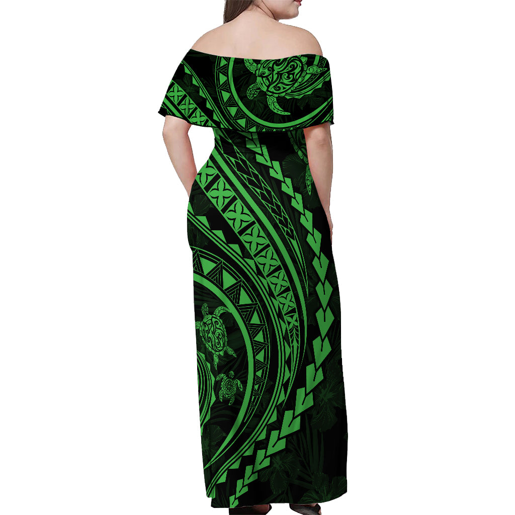 Polynesian Pride Off Shoulder Maxi Dress Turtle Hibiscus Luxury Style - Green - Wonder Print Shop