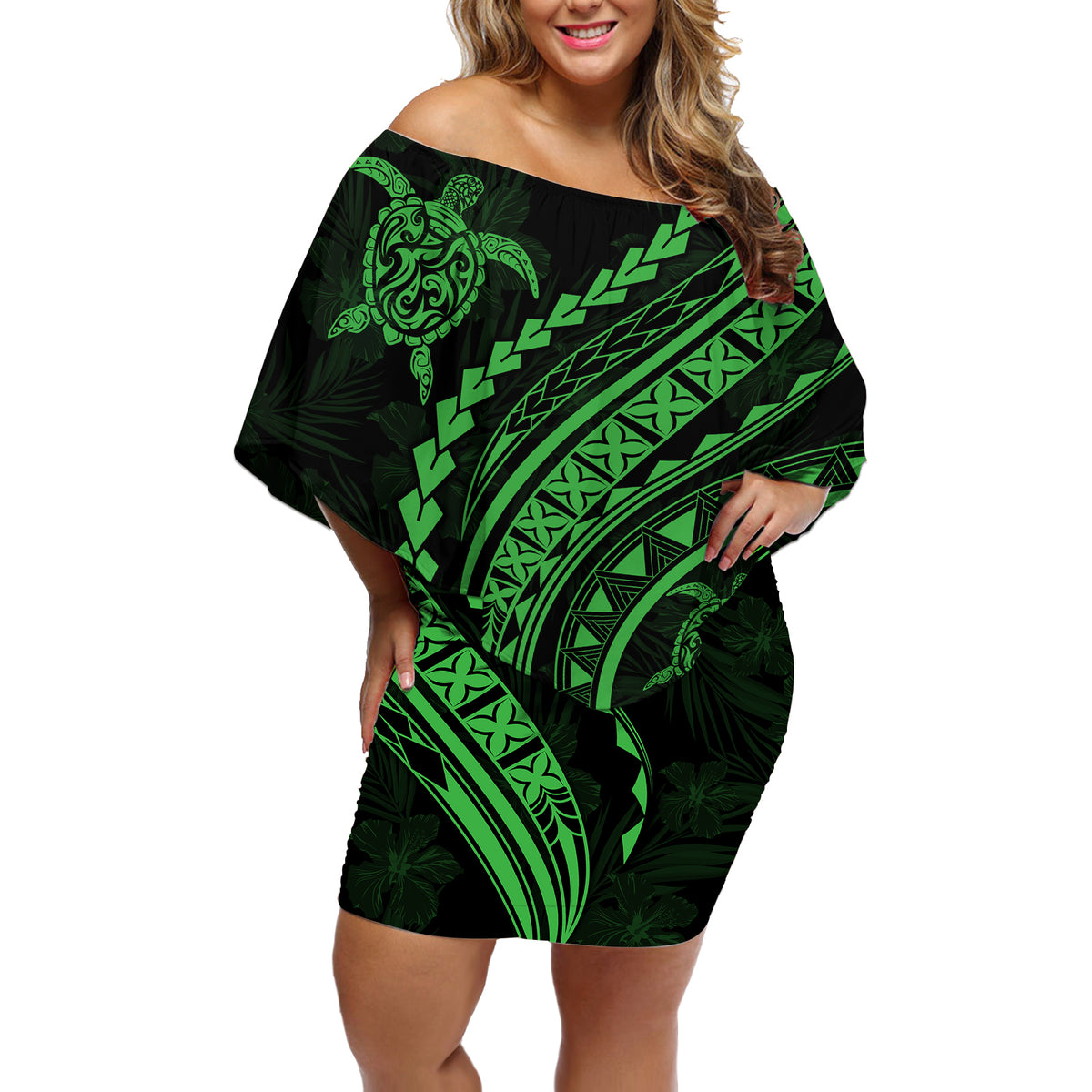 Polynesian Pride Off Shoulder Short Dress Turtle Hibiscus Luxury Style - Green - Wonder Print Shop
