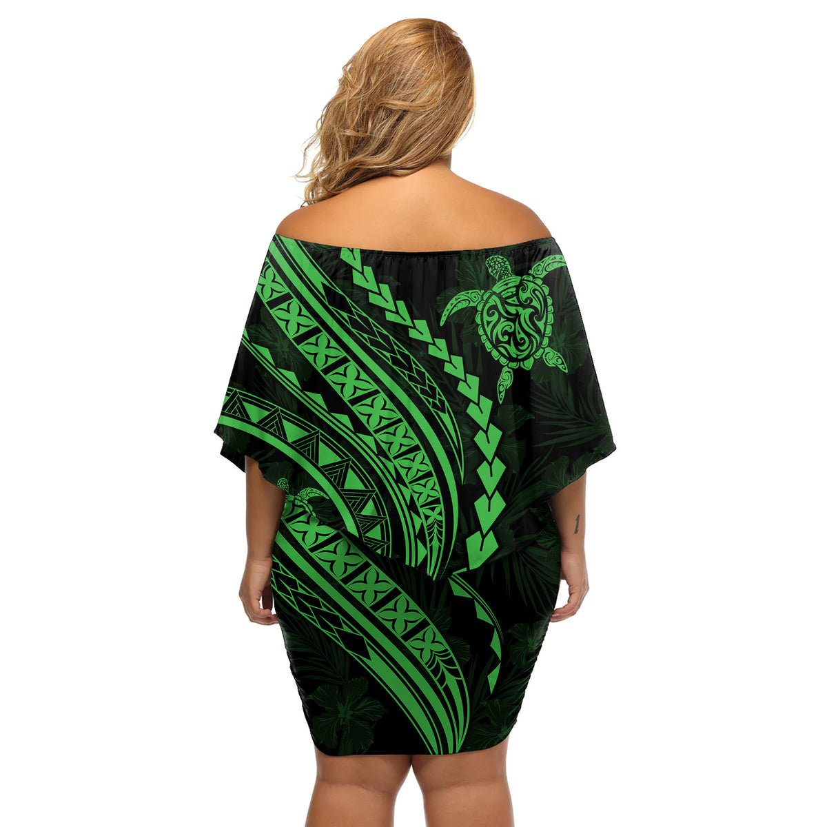 Polynesian Pride Off Shoulder Short Dress Turtle Hibiscus Luxury Style - Green - Wonder Print Shop
