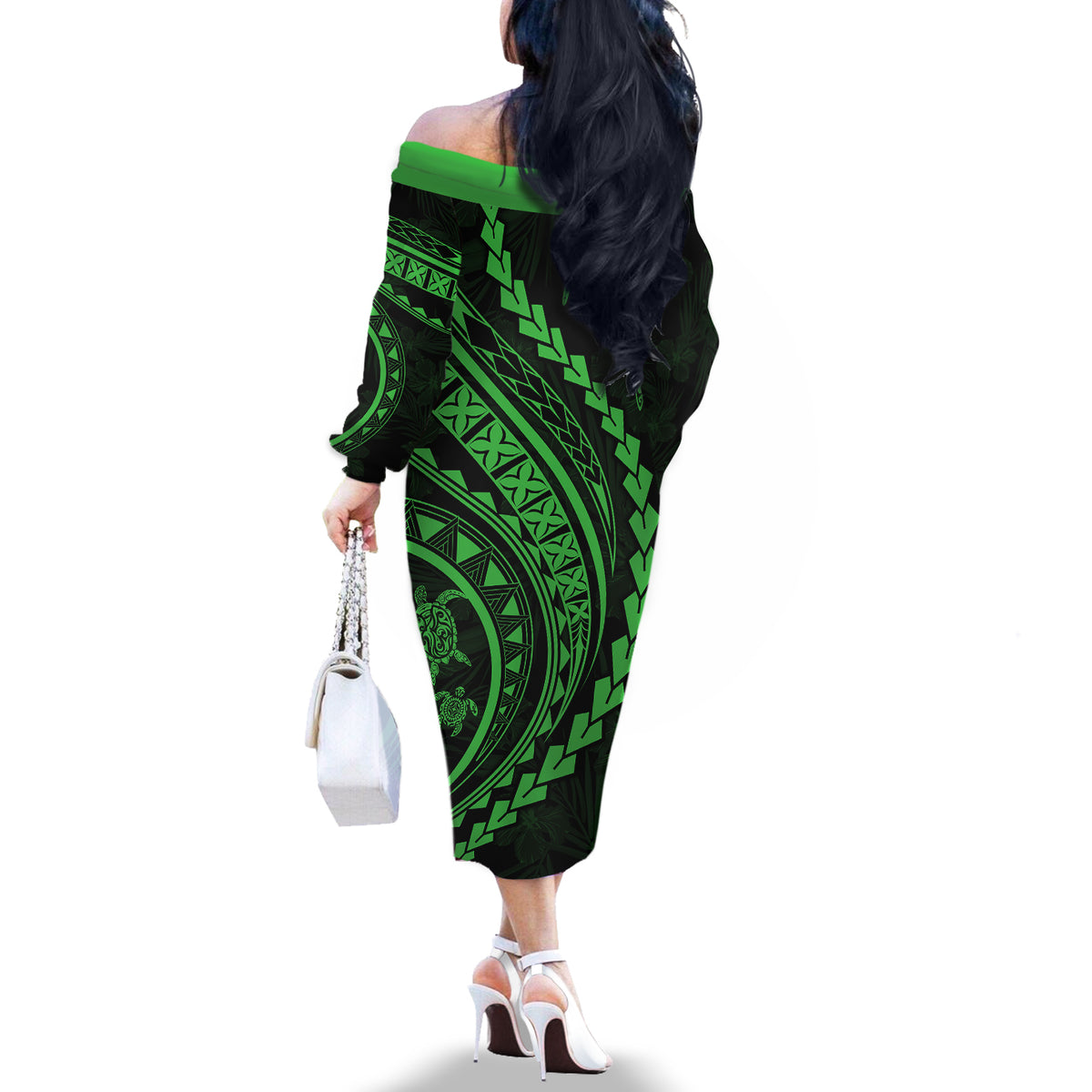 Polynesian Pride Off The Shoulder Long Sleeve Dress Turtle Hibiscus Luxury Style - Green - Wonder Print Shop