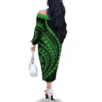 Polynesian Pride Off The Shoulder Long Sleeve Dress Turtle Hibiscus Luxury Style - Green - Wonder Print Shop