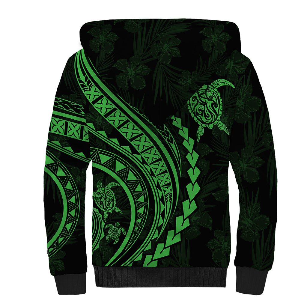Polynesian Pride Sherpa Hoodie Turtle Hibiscus Luxury Style - Green - Wonder Print Shop