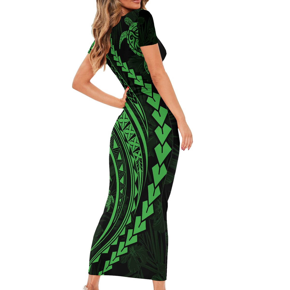 Polynesian Pride Short Sleeve Bodycon Dress Turtle Hibiscus Luxury Style - Green - Wonder Print Shop