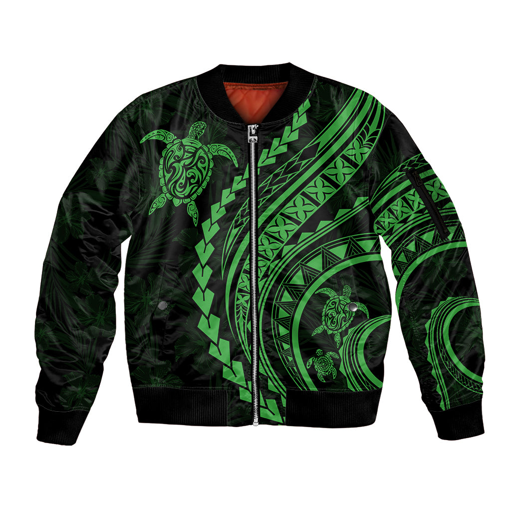 Polynesian Pride Sleeve Zip Bomber Jacket Turtle Hibiscus Luxury Style - Green - Wonder Print Shop