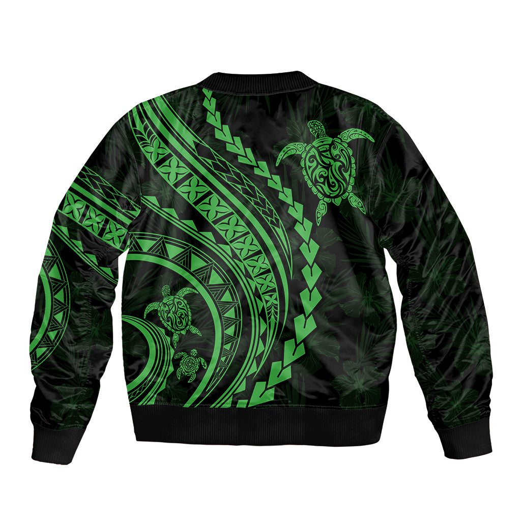 Polynesian Pride Sleeve Zip Bomber Jacket Turtle Hibiscus Luxury Style - Green - Wonder Print Shop