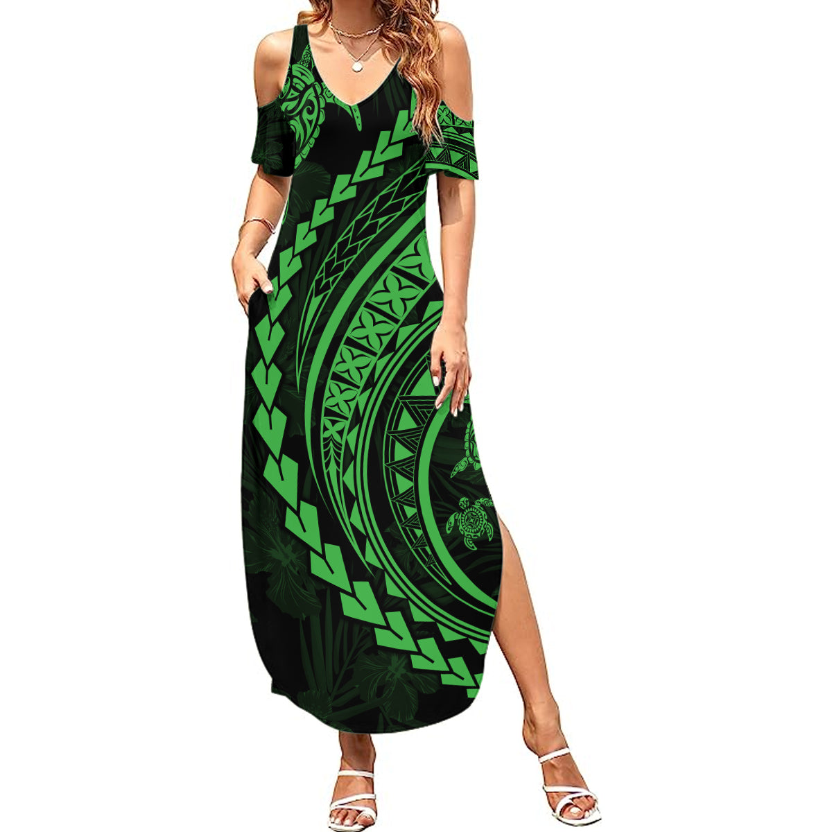 Polynesian Pride Summer Maxi Dress Turtle Hibiscus Luxury Style - Green - Wonder Print Shop