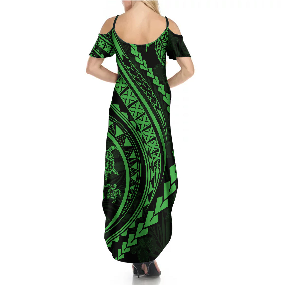 Polynesian Pride Summer Maxi Dress Turtle Hibiscus Luxury Style - Green - Wonder Print Shop