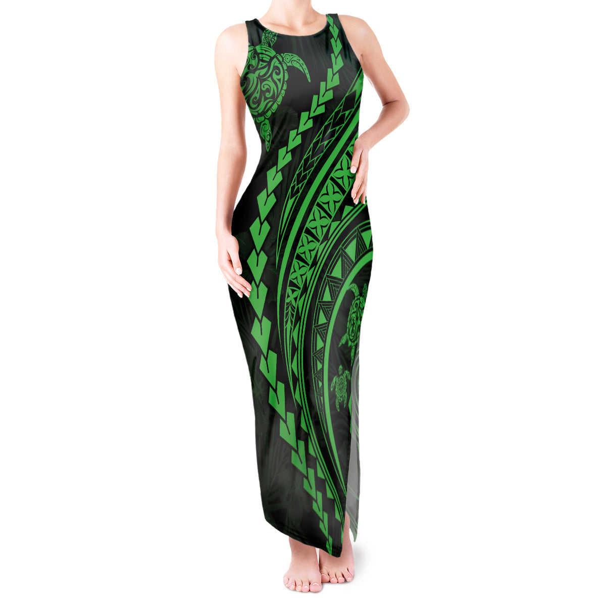Polynesian Pride Tank Maxi Dress Turtle Hibiscus Luxury Style - Green - Wonder Print Shop