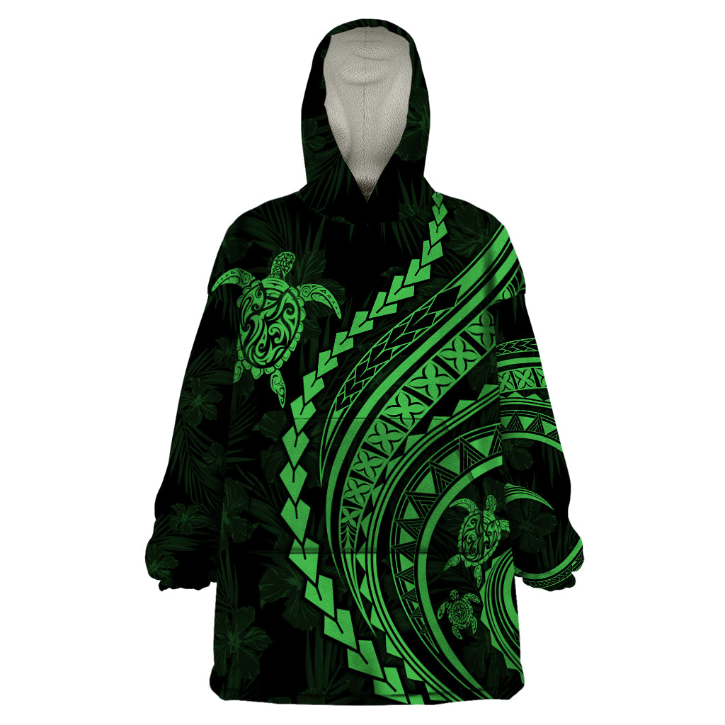 Polynesian Pride Wearable Blanket Hoodie Turtle Hibiscus Luxury Style - Green - Wonder Print Shop