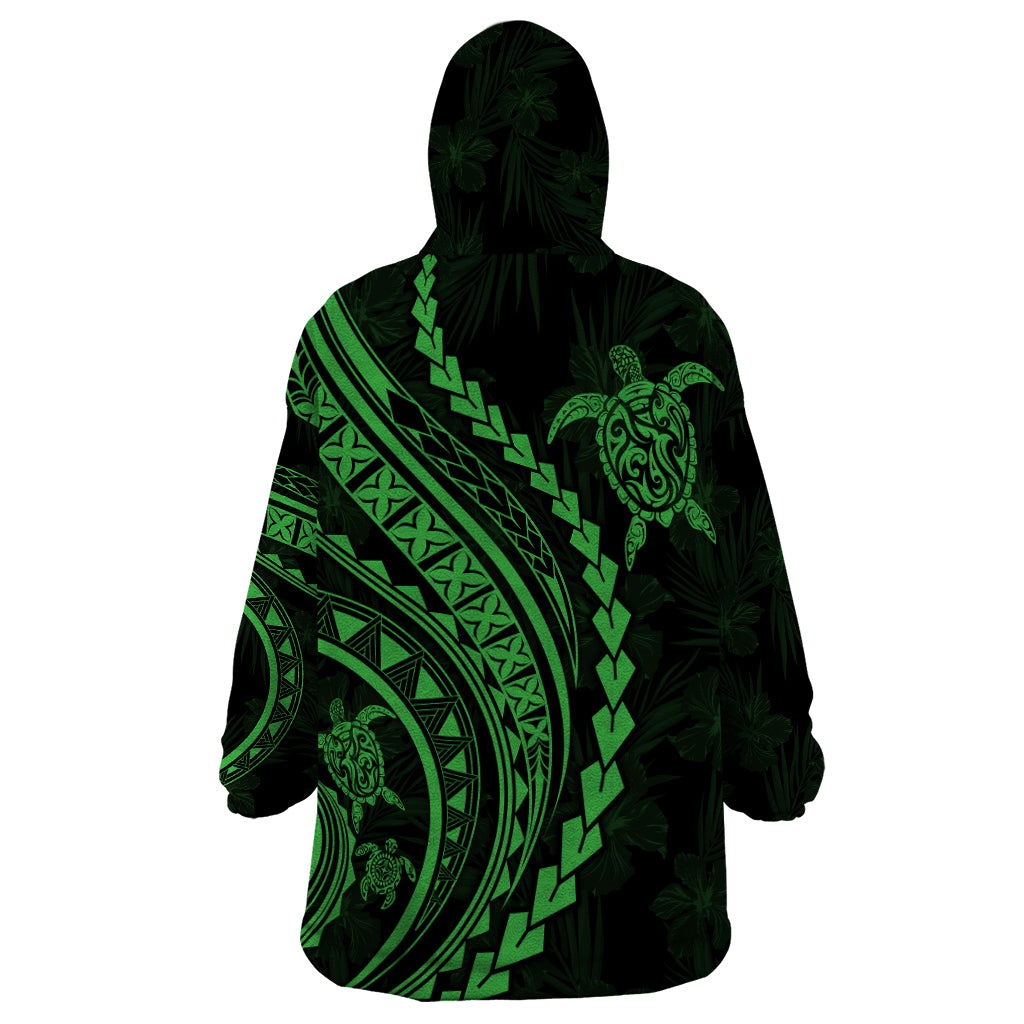 Polynesian Pride Wearable Blanket Hoodie Turtle Hibiscus Luxury Style - Green - Wonder Print Shop