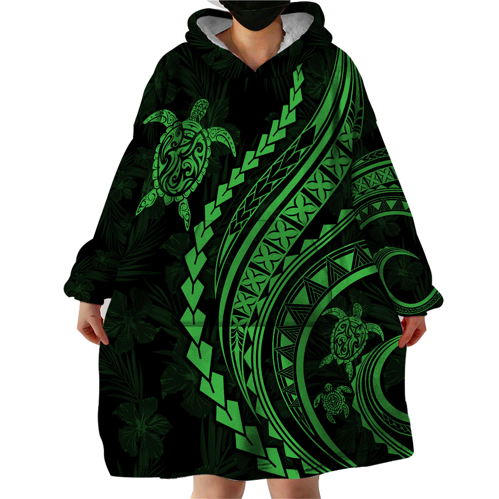 Polynesian Pride Wearable Blanket Hoodie Turtle Hibiscus Luxury Style - Green - Wonder Print Shop
