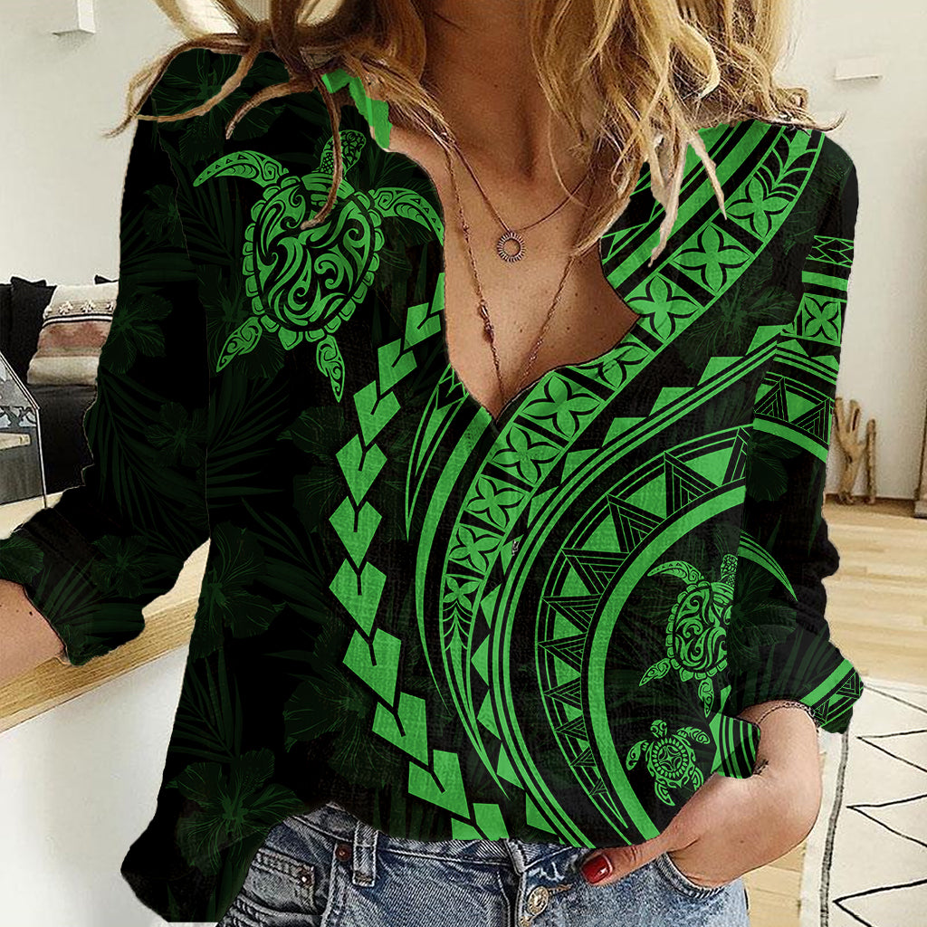 Polynesian Pride Women Casual Shirt Turtle Hibiscus Luxury Style - Green - Wonder Print Shop