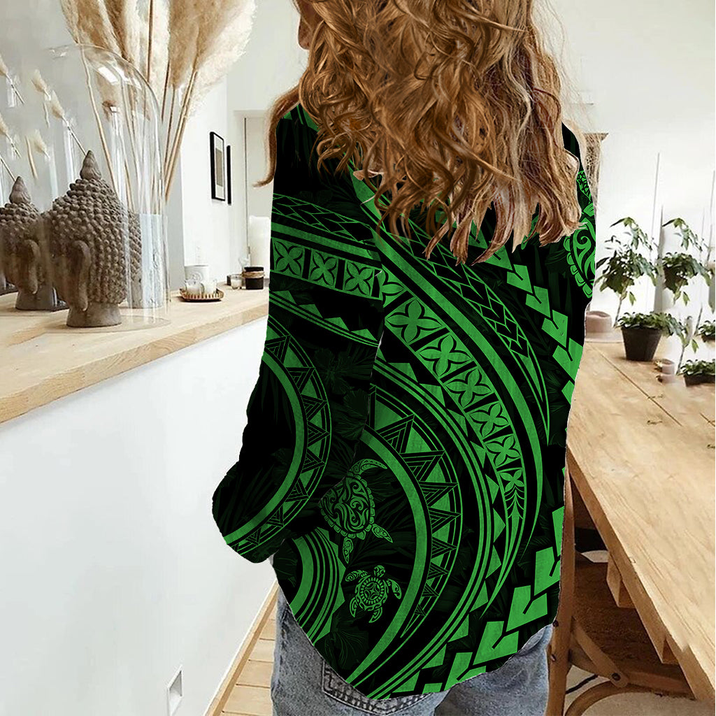 Polynesian Pride Women Casual Shirt Turtle Hibiscus Luxury Style - Green - Wonder Print Shop