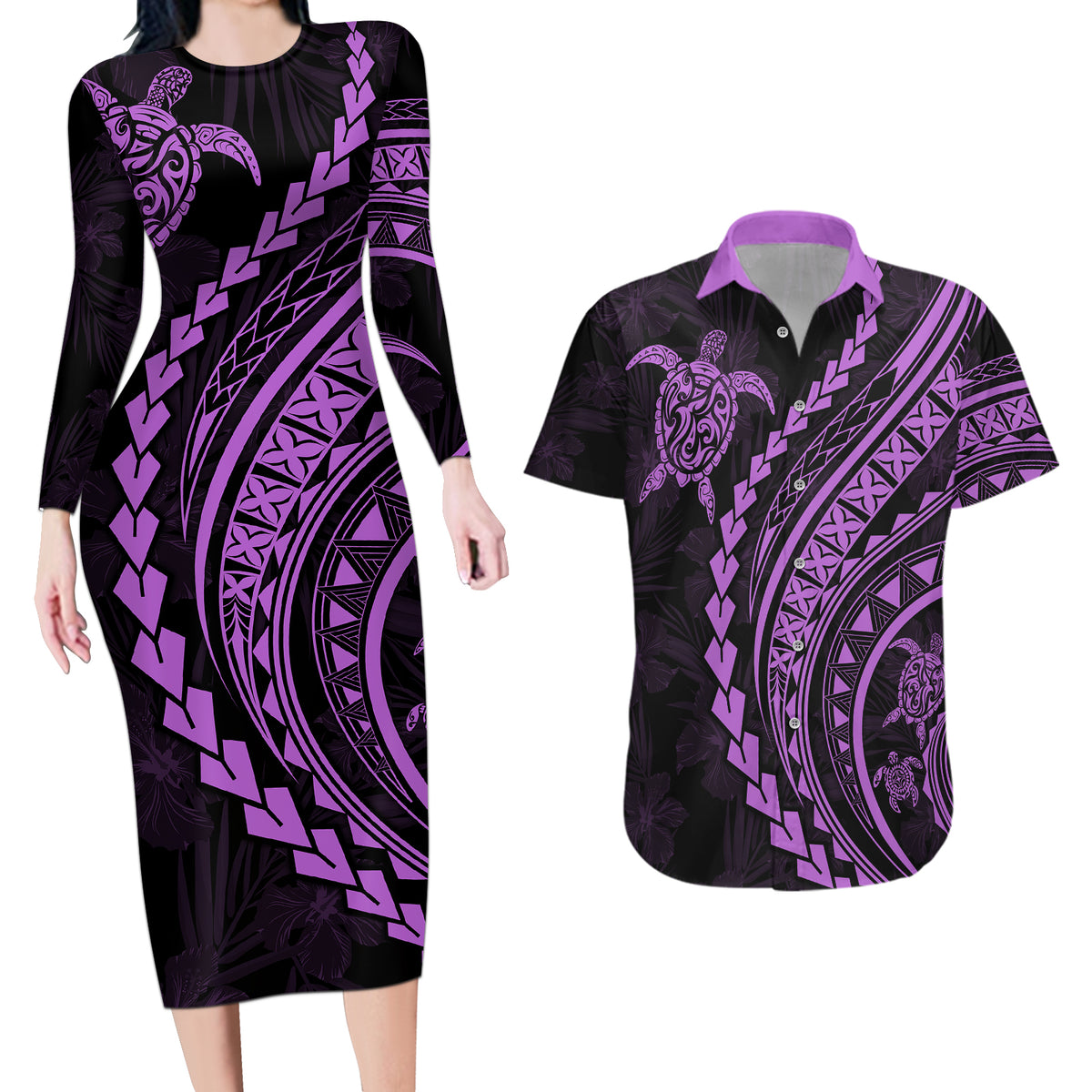Polynesian Pride Couples Matching Long Sleeve Bodycon Dress and Hawaiian Shirt Turtle Hibiscus Luxury Style - Lilac LT7 - Wonder Print Shop
