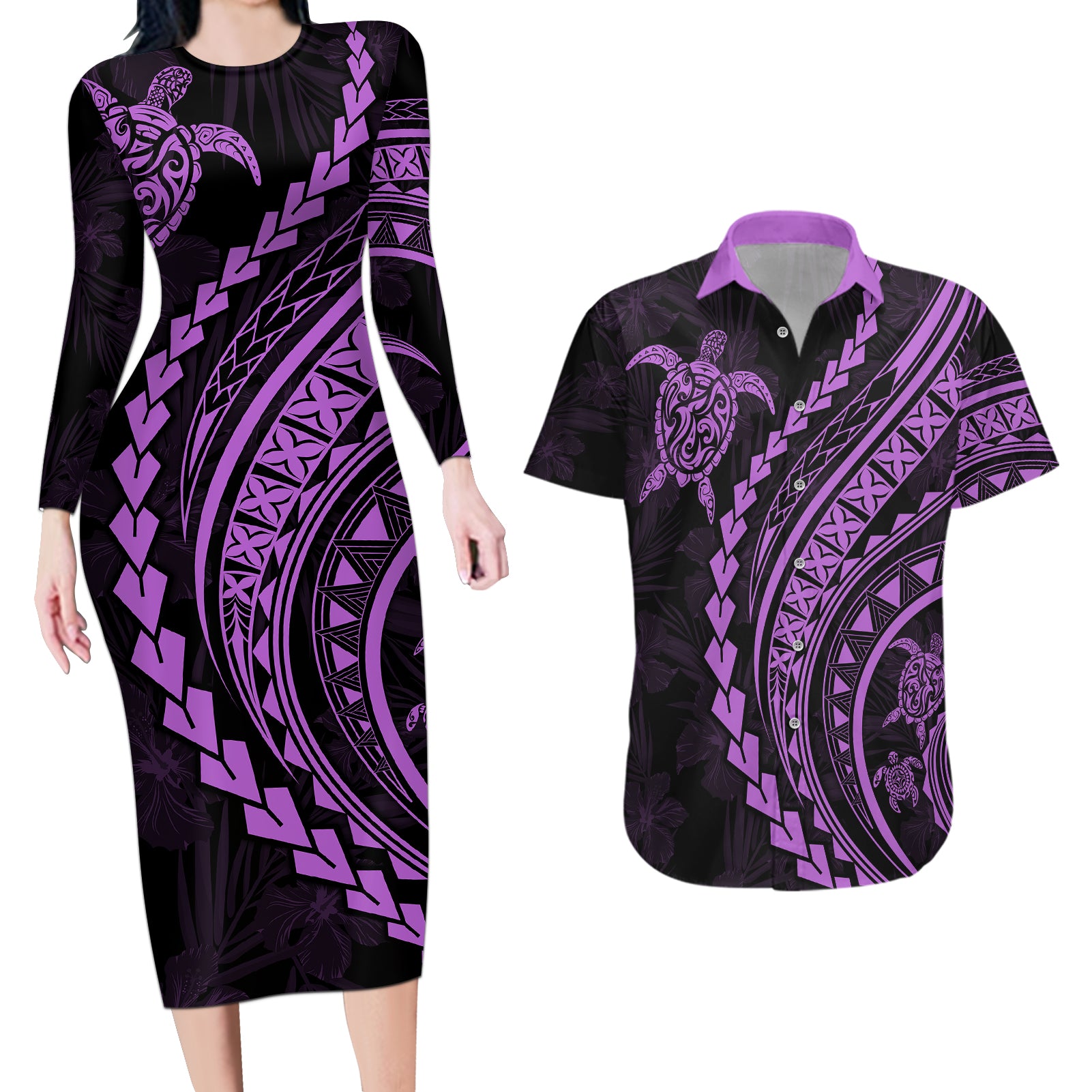 Polynesian Pride Couples Matching Long Sleeve Bodycon Dress and Hawaiian Shirt Turtle Hibiscus Luxury Style - Lilac LT7 - Wonder Print Shop